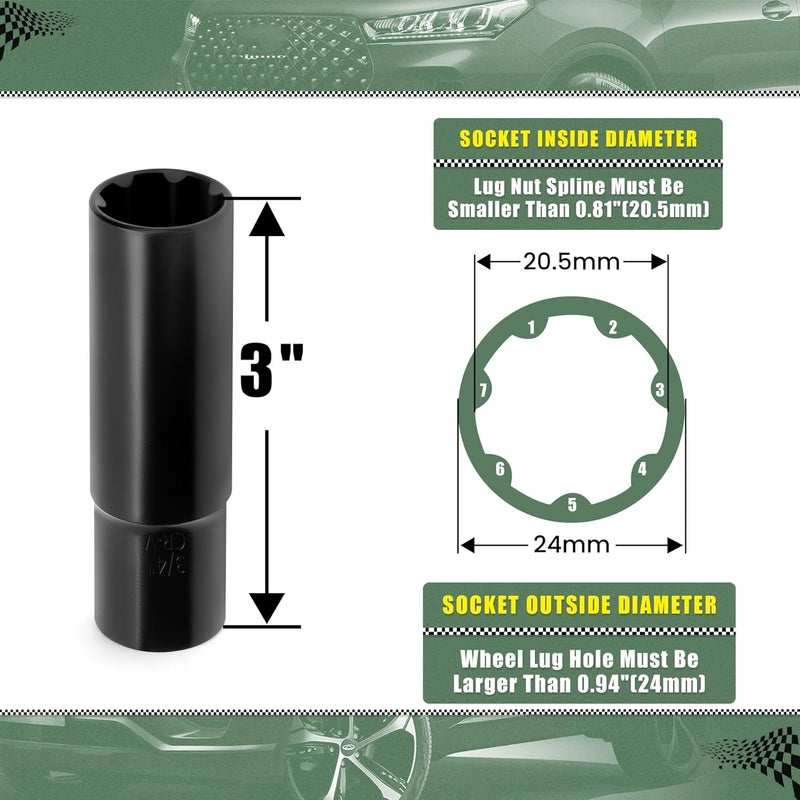 glorider 7 Spline Lug Nuts Key Socket, 1/2 Inch Drive Impact Square Tool - Quickly Remove M14x1.5, M14x2.0 and 9/16 Wheel Lug Nuts | 1 Pc (Black) - Image 3
